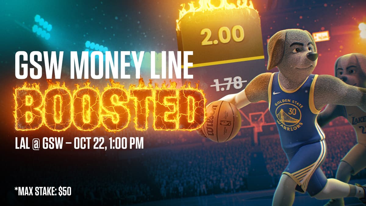 Tip-off the NBA season with a slam dunk offer!
We’re boosting the Golden State Warriors Money Line from 1.78 to 2.00 for their opening showdown against the Los Angeles Lakers on October 22 at 1:00 PM AEST.
Back the Warriors to start strong - but move fast, this boosted price is live for a limited time only and capped at a $50 max stake.
Make your opening bet count and feel the season’s first win